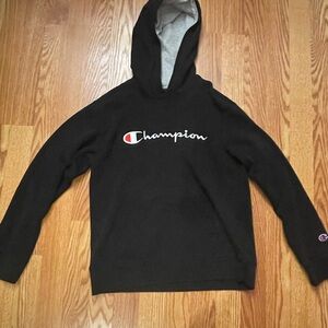Champion Hoodie Youth Large Pullover Hoodie Logo Spellout Black